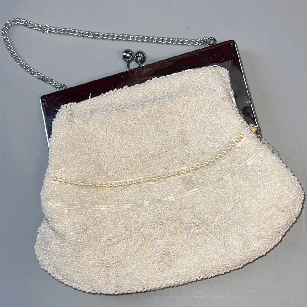 Vintage Bridal Chic Cream Beaded Clutch with Silver Accents Seed Pearls